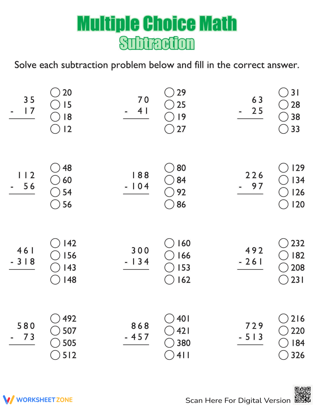 Practice Multiple Choice Subtraction - Page 1