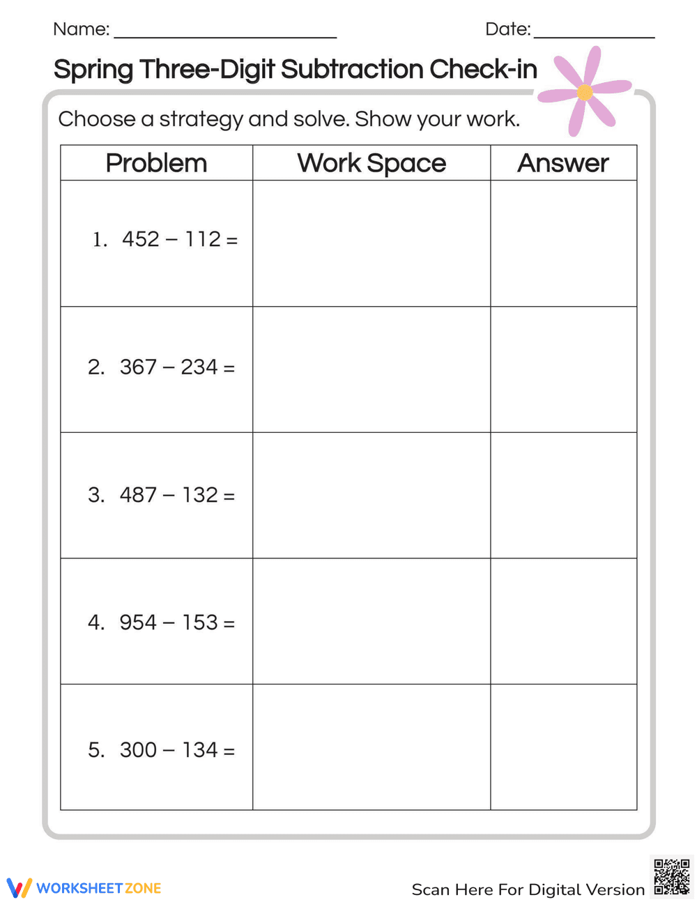Spring 3-Digit Subtraction Check-In - Page 1