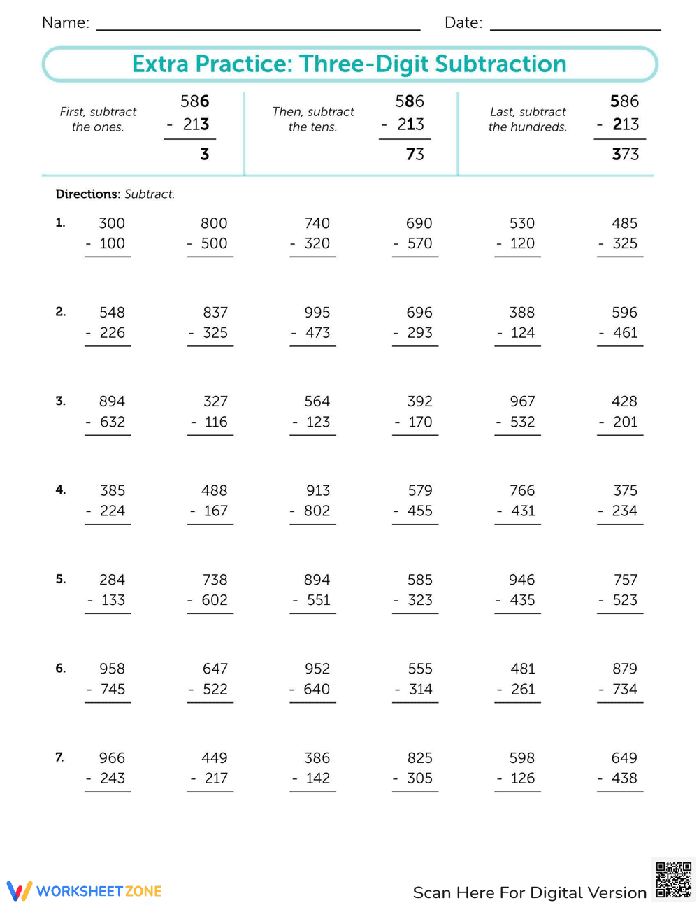 Practice Three-Digit Subtraction Worksheet - Page 1