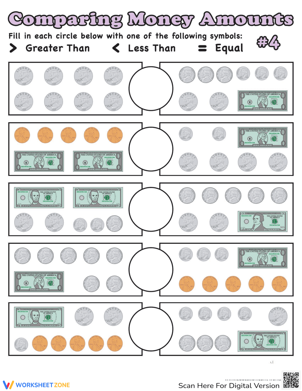 Comparing Money Amounts Practice Worksheet - Page 1