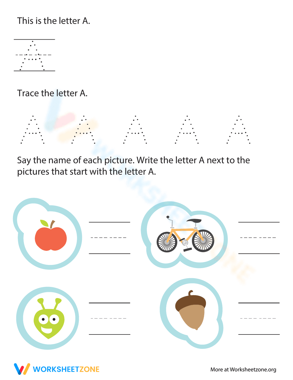 Letter A Tracing and Phonics Worksheet - Page 1