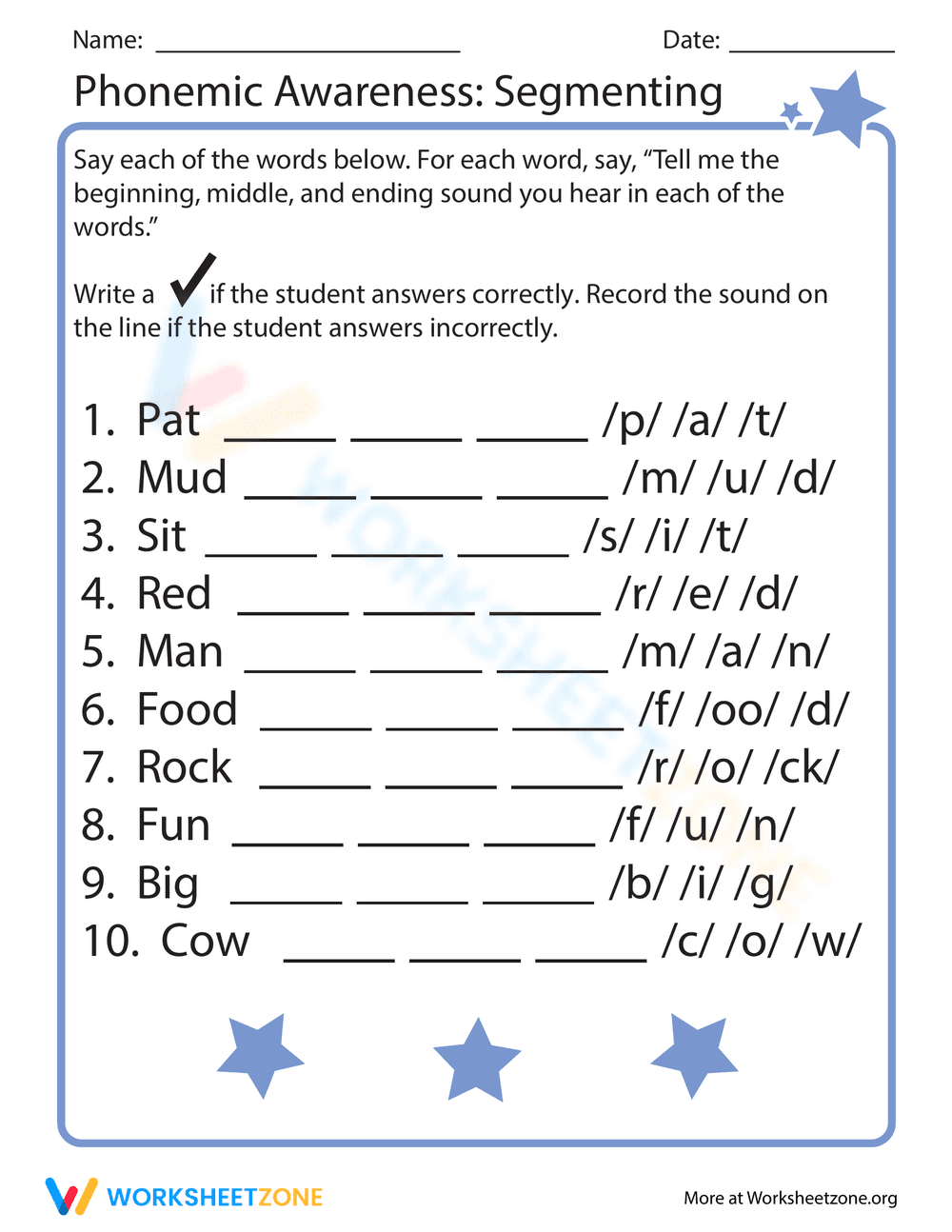 Phonemic Awareness Segmenting Worksheet - Page 1