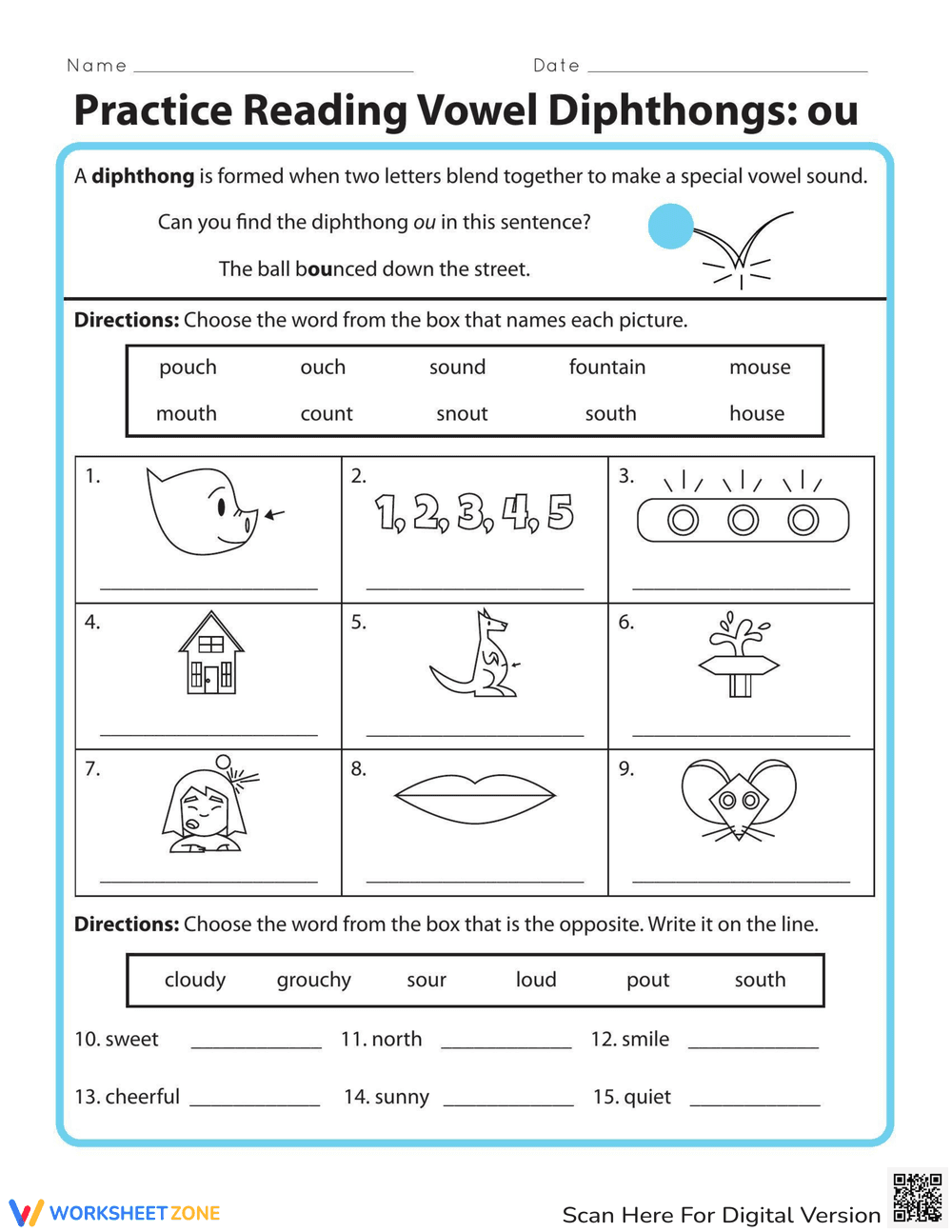 Learning Vowel Diphthongs 'ou' Worksheet - Page 1