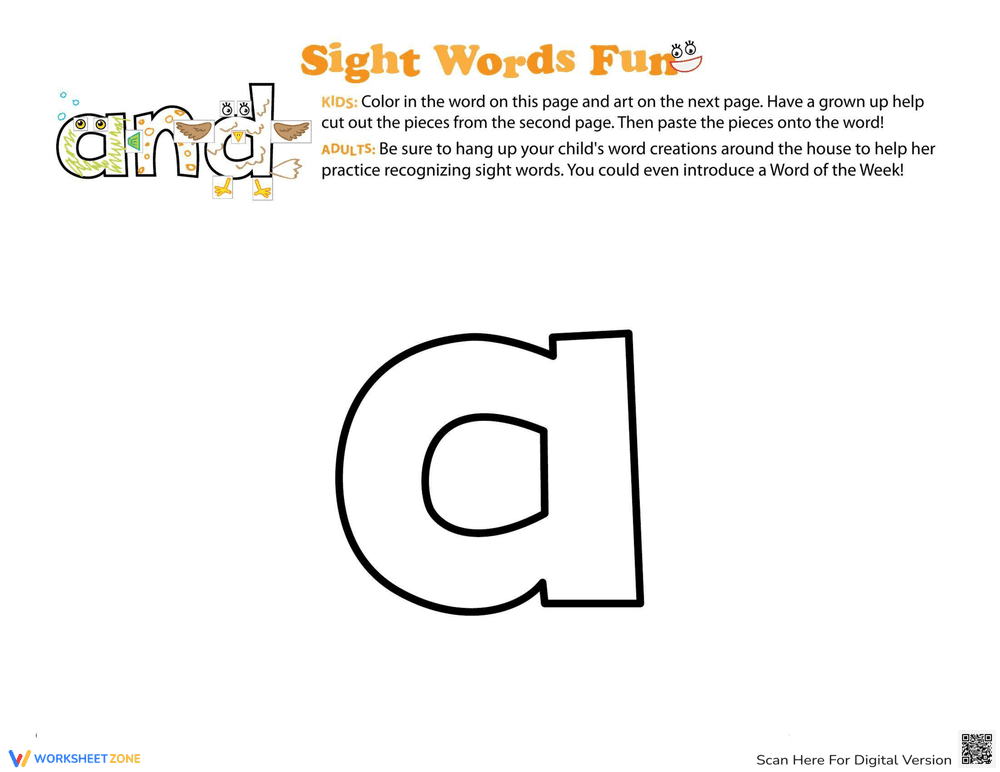 Decorate the Sight Word 'A' Worksheet - Page 1
