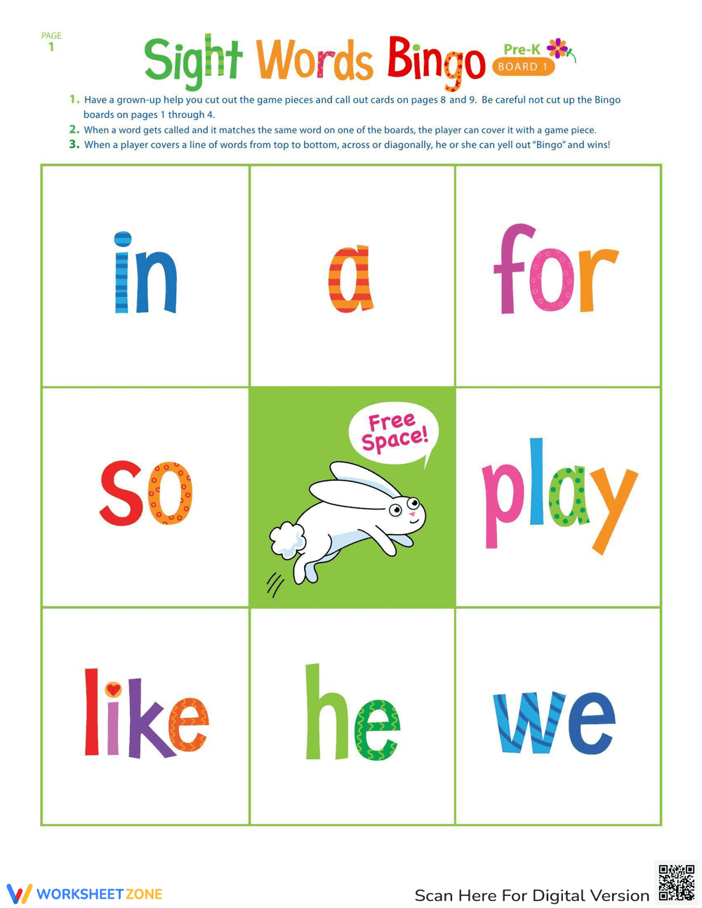 Pre-Kindergarten Sight Words Bingo - Page 1