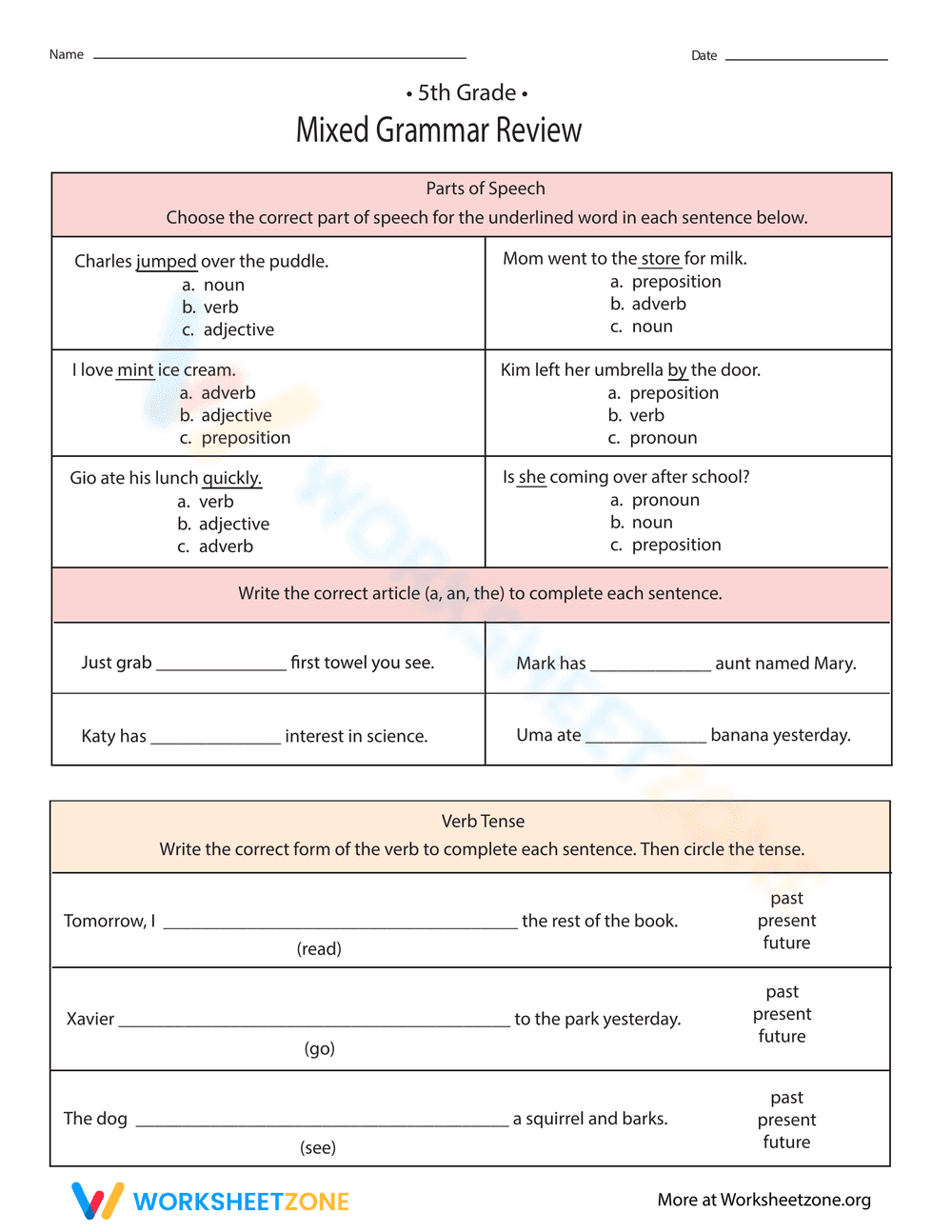 5th Grade Mixed Grammar Review - Page 1