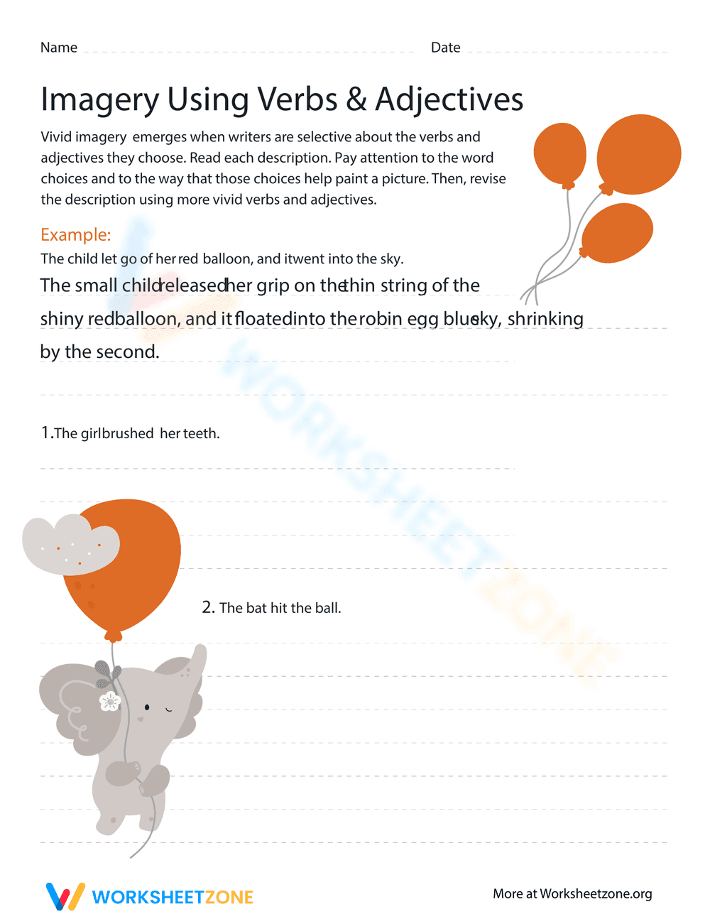 Imagery with Verbs and Adjectives Worksheet - Page 1