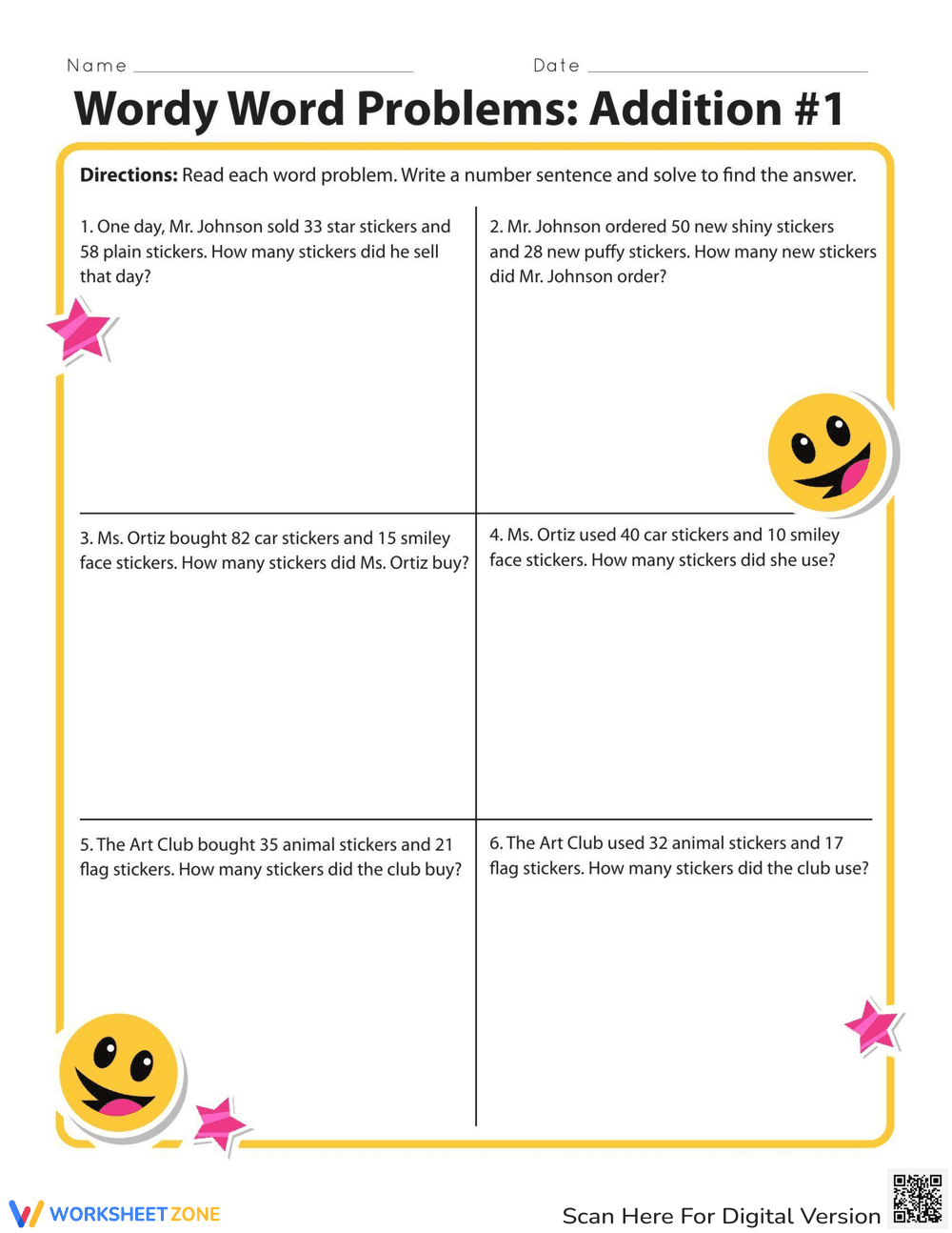 Wordy Word Problems: Addition #1 - Page 1