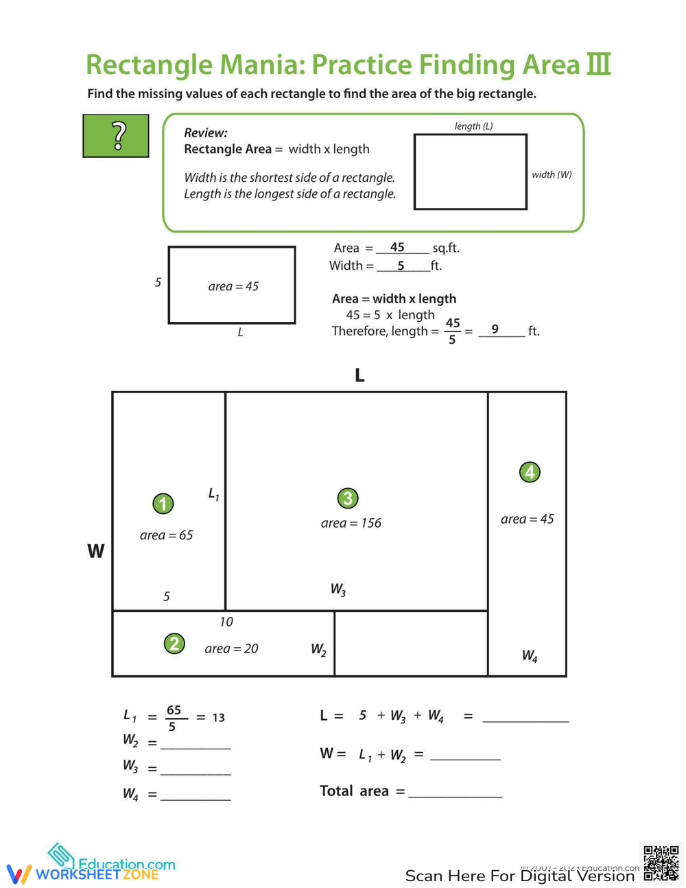 Rectangle Algebra: Area Practice - Page 1