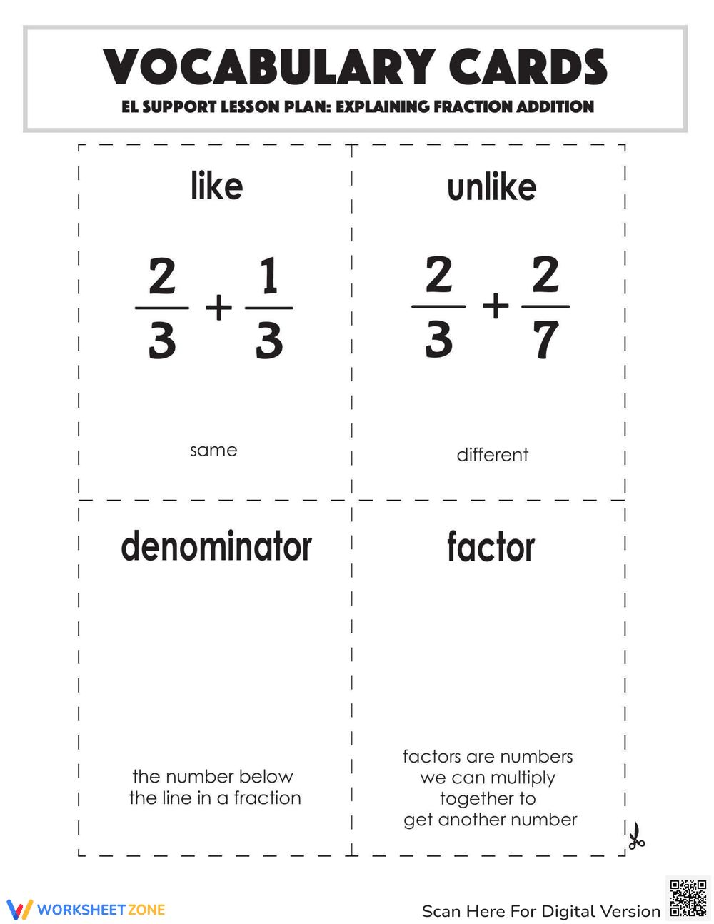 Vocabulary Cards: Explaining Fraction Addition - Page 1