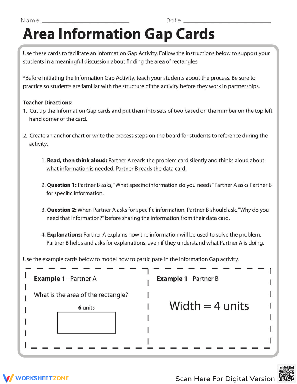 Area Information Gap Cards: Math Activity - Page 1