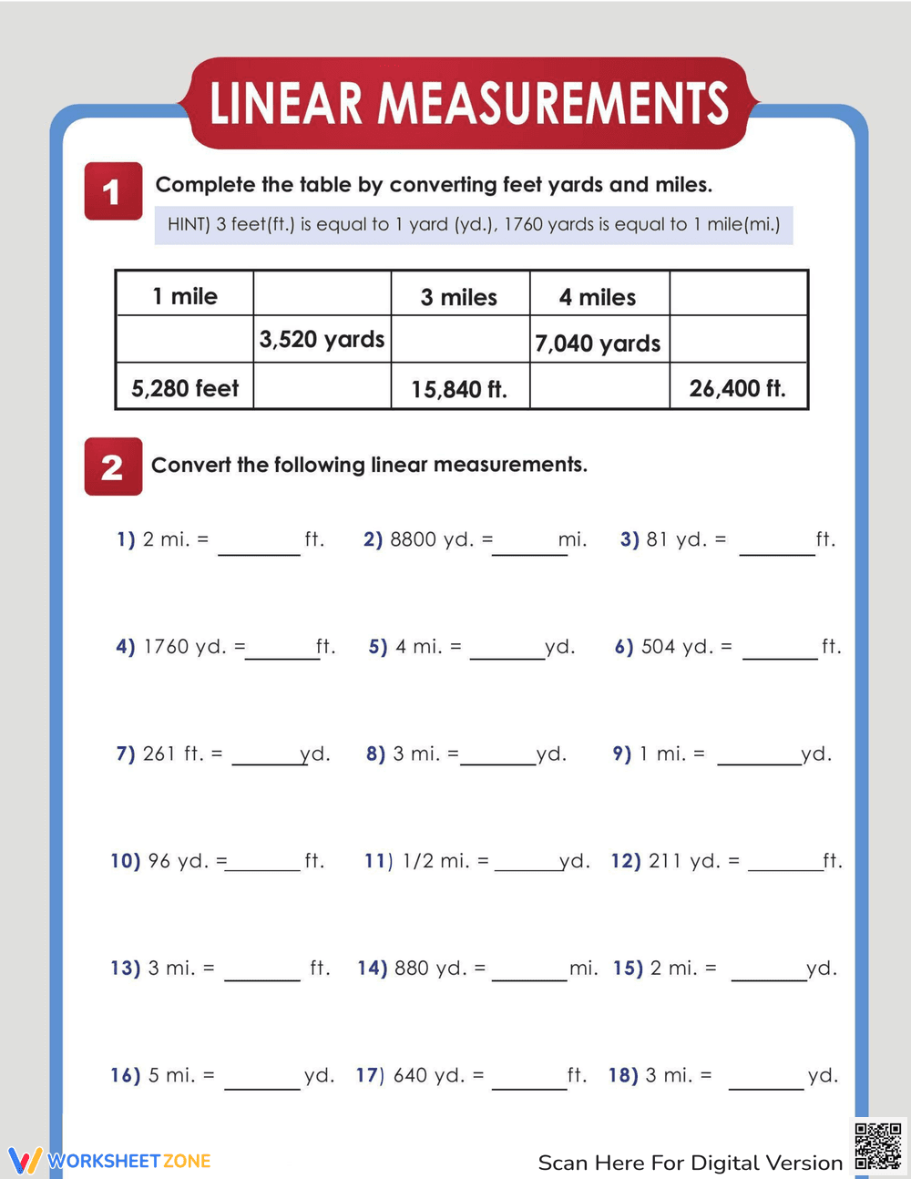 Convert Yards to Miles Conversion Worksheet - Page 1