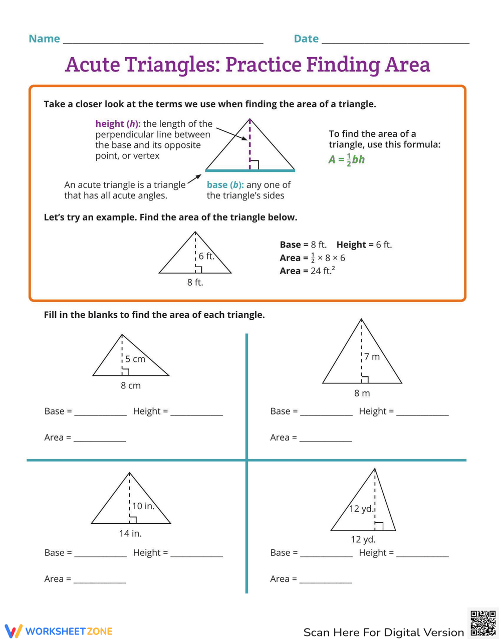Area of Acute Triangle Practice Worksheet - Page 1