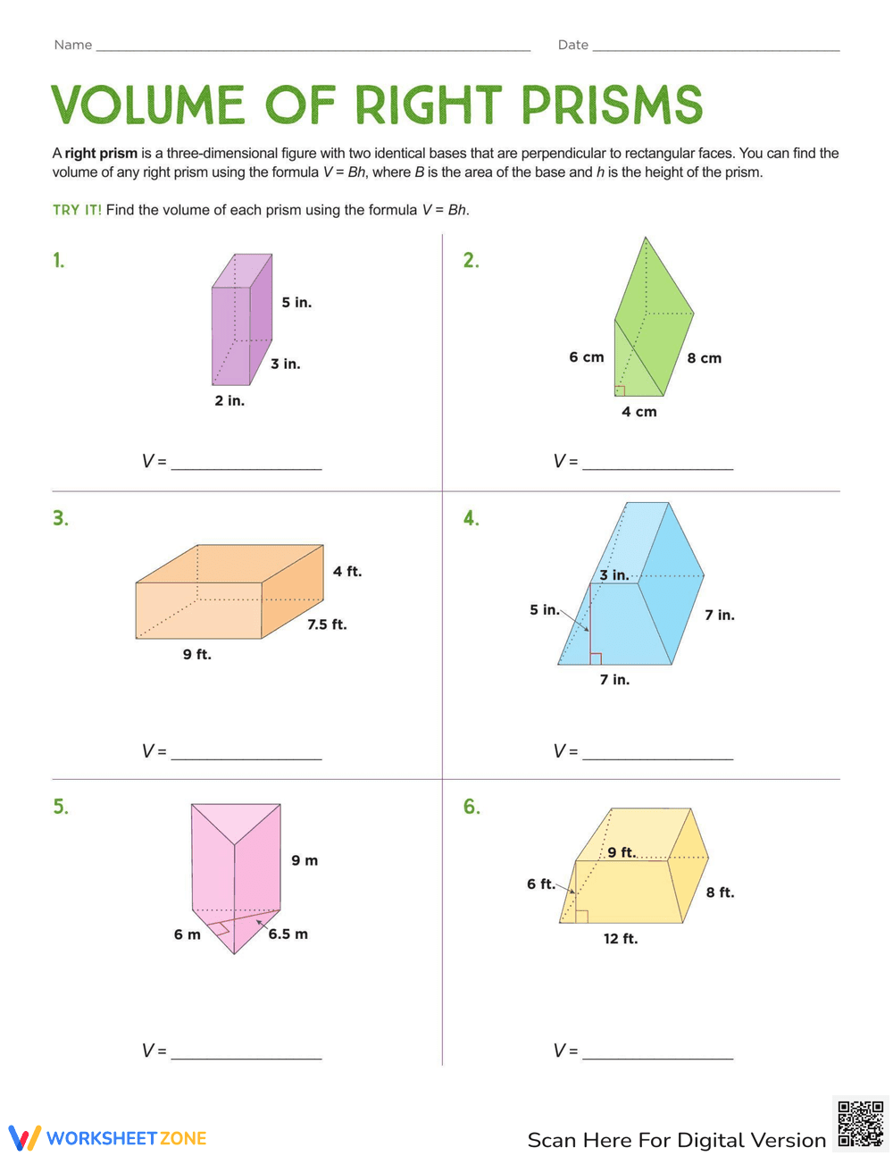 Volume of Right Prisms Worksheet - Page 1