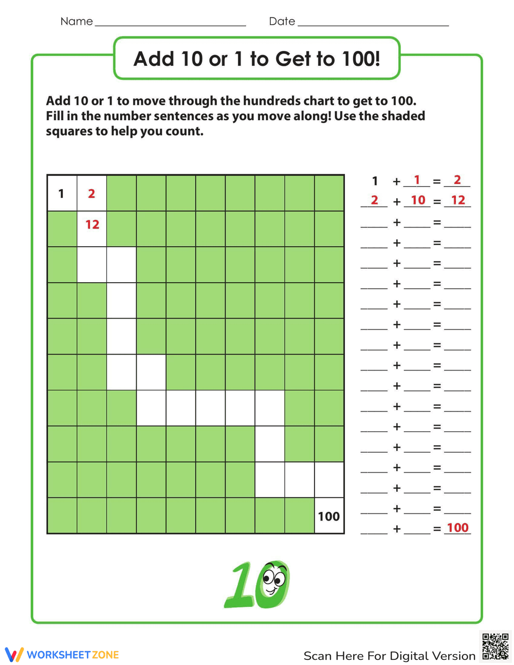 Add 10 or 1 Get to 100 - Page 1