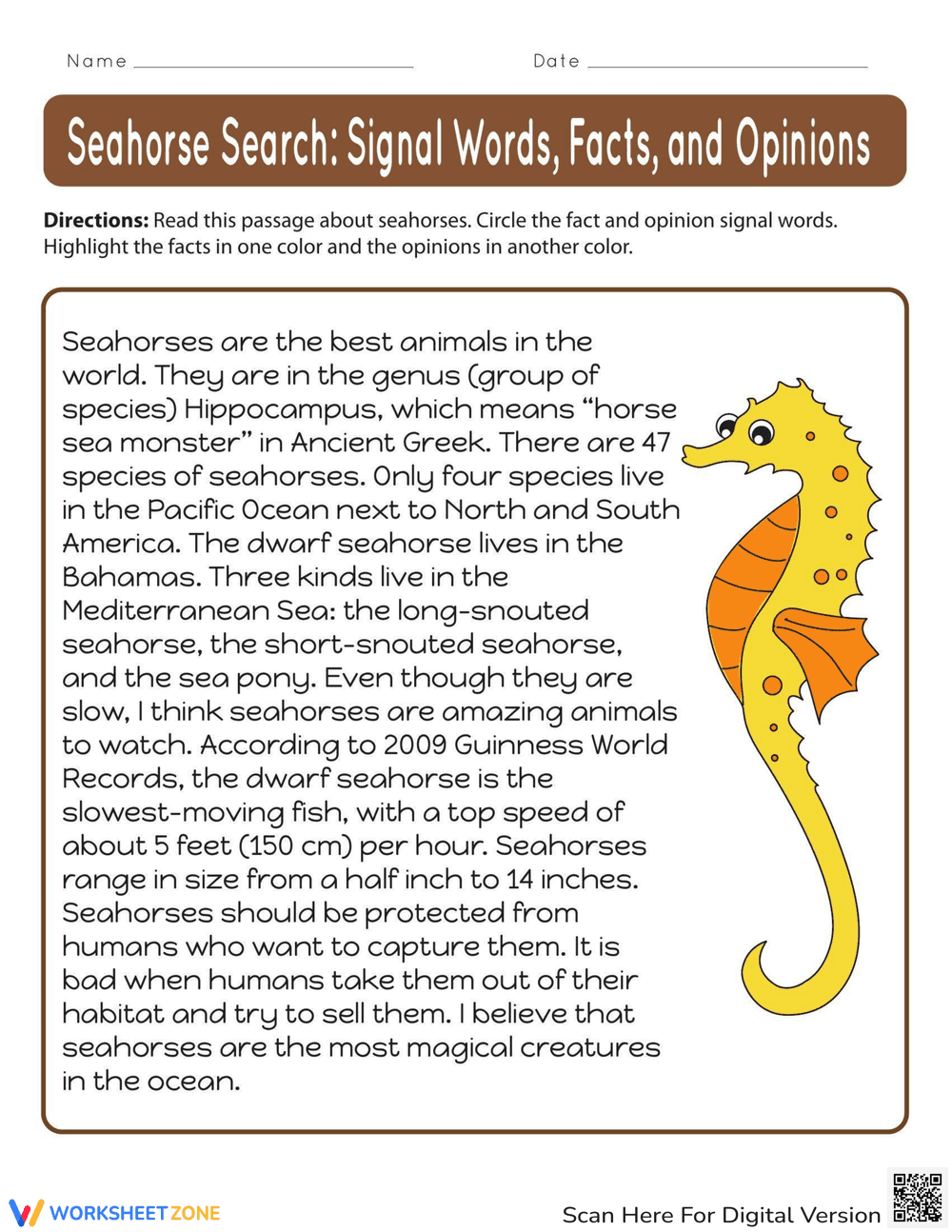 Seahorse Search: Signal Words and Facts - Page 1