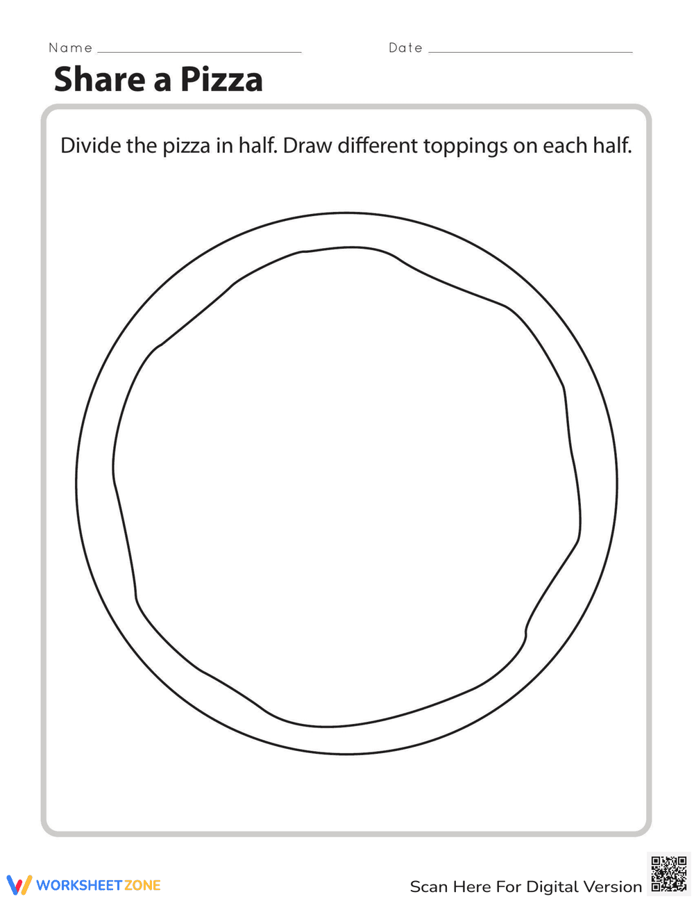 Share a Pizza: Fraction Division Worksheet - Page 1