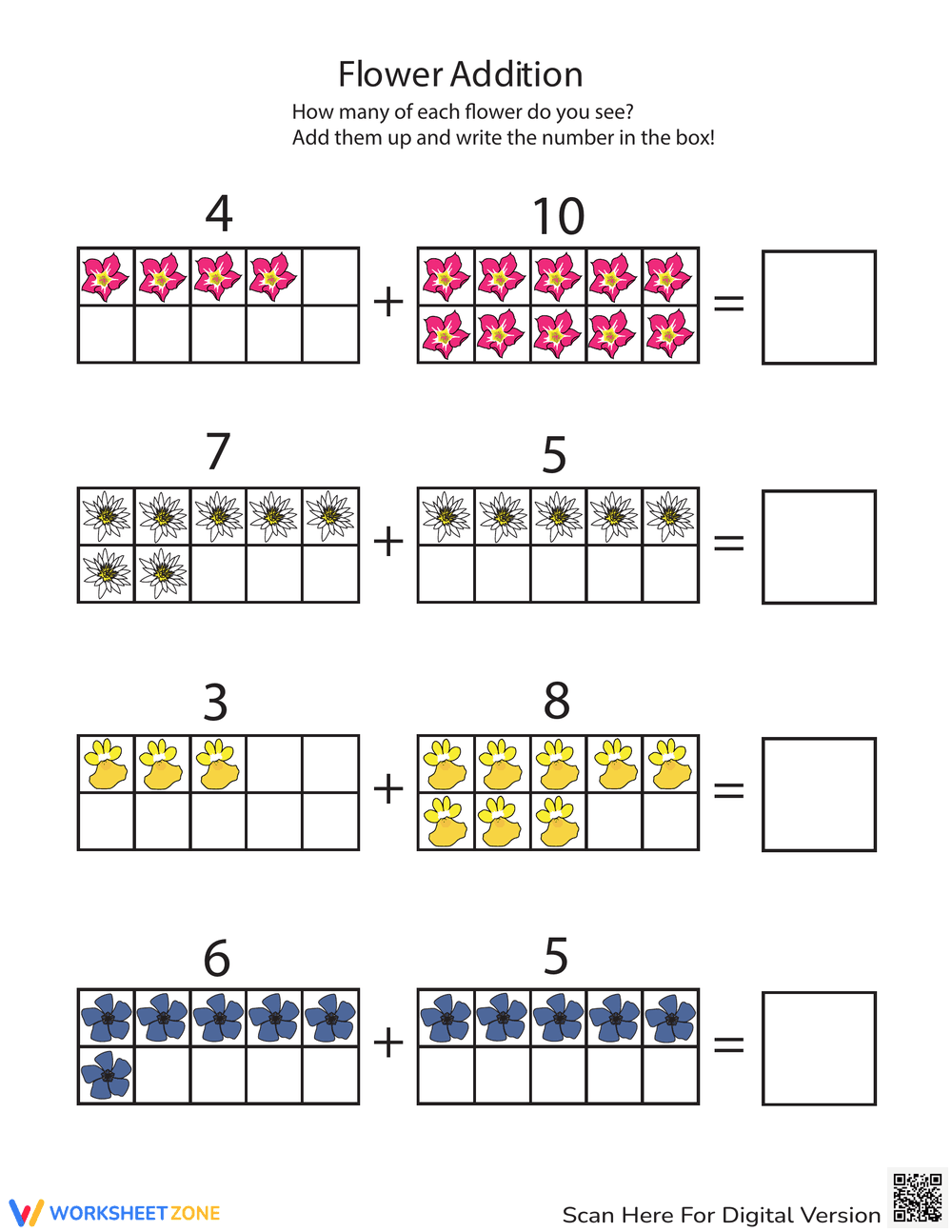 Flower Picture Addition Worksheet for Kids - Page 1