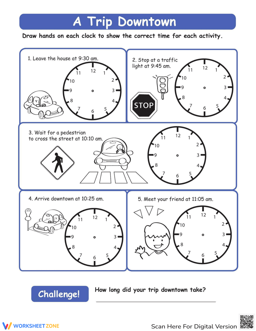 Telling Time Downtown: Practice Worksheet - Page 1