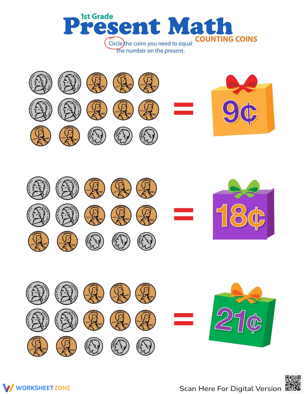 Counting Coins: Present Math Worksheet - Page 1