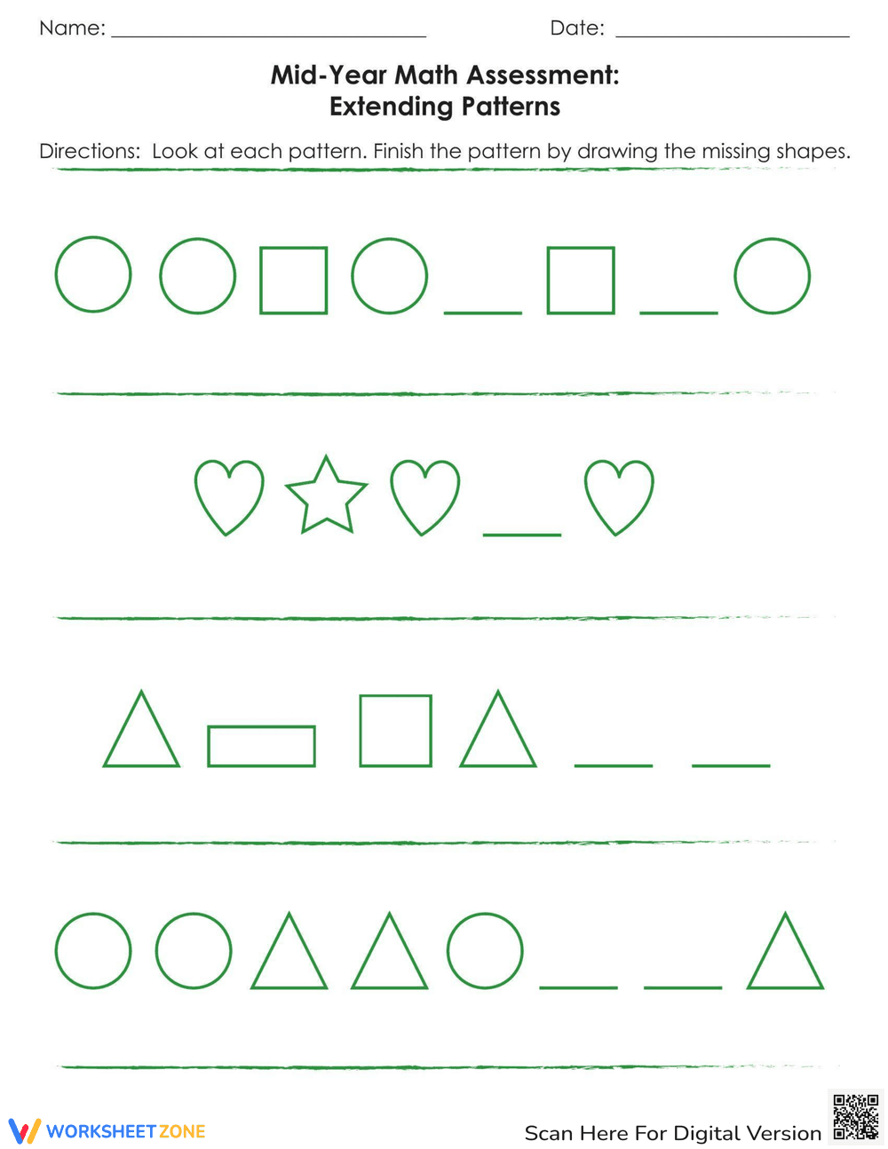Extending Patterns: Math Assessment Worksheet - Page 1