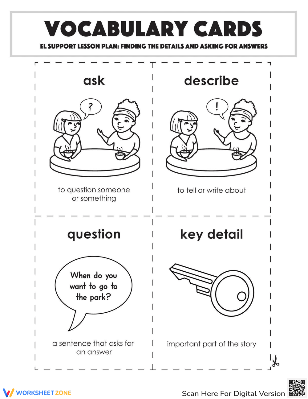 Vocabulary Cards: Finding Details and Asking for Answers - Page 1