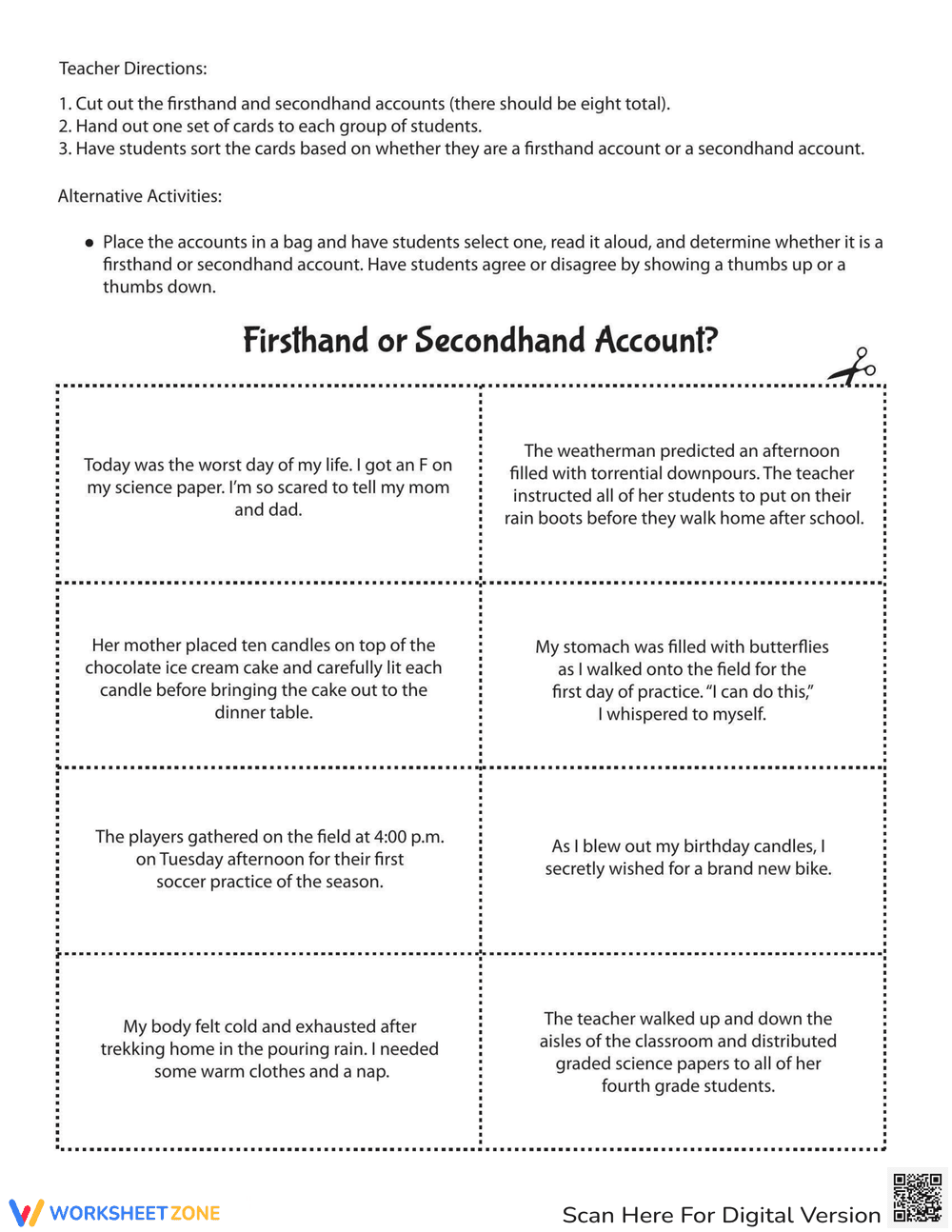 Firsthand or Secondhand Account Worksheet - Page 1