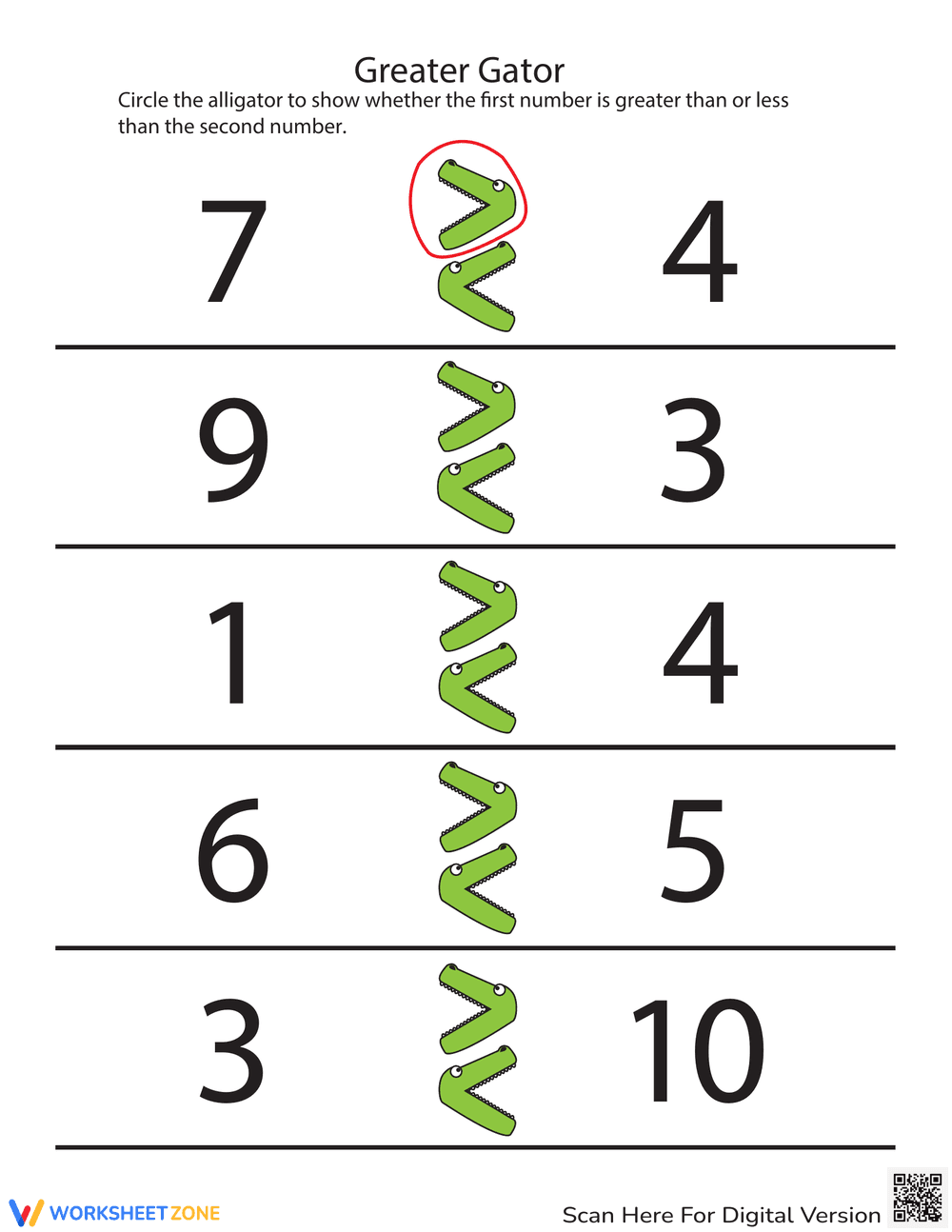 Greater Than with Gator Worksheet - Page 1