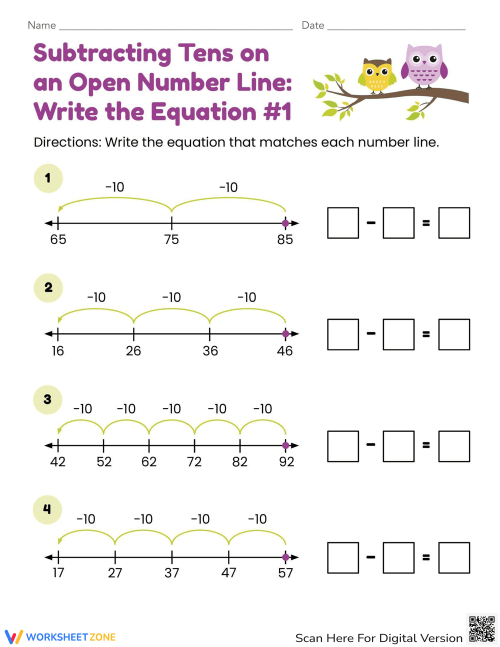 Subtracting Tens on Number Line Worksheet - Page 1