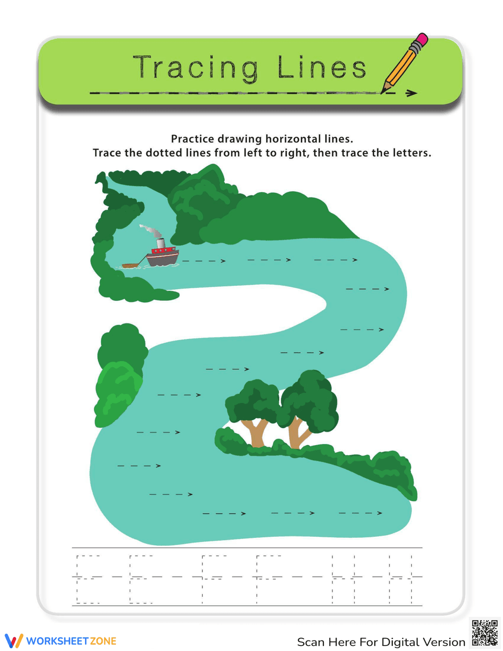 Practice Tracing Horizontal Lines Worksheet - Page 1