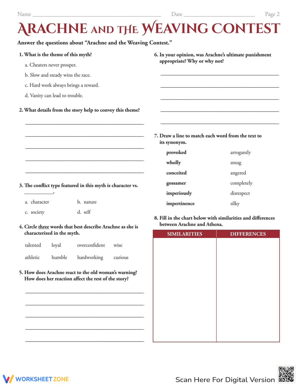 Arachne: Reading Comprehension Worksheet - Page 2