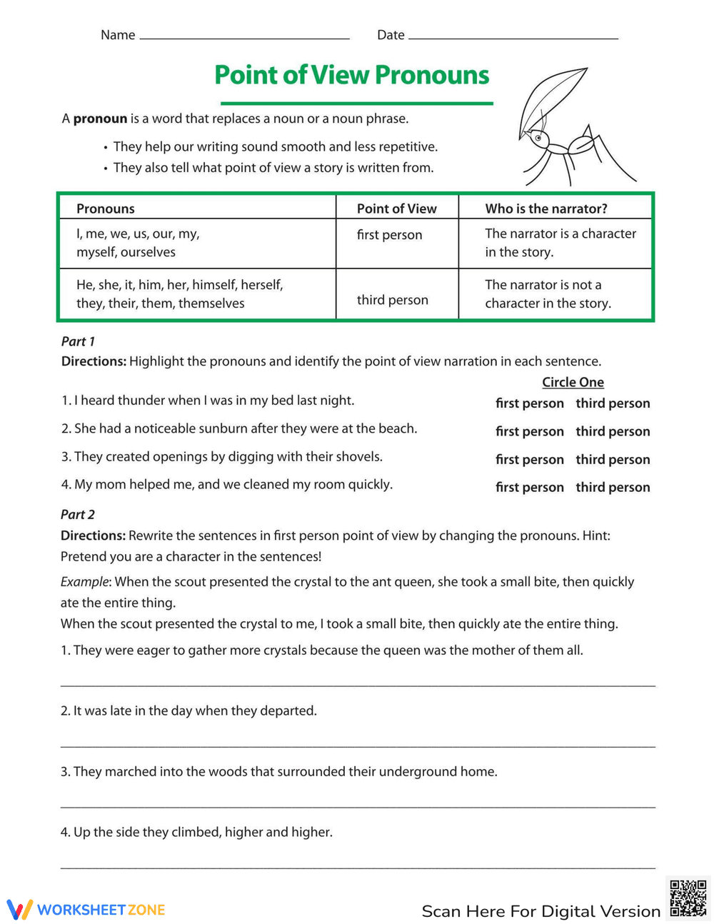 Point of View Pronouns Worksheet - Page 1