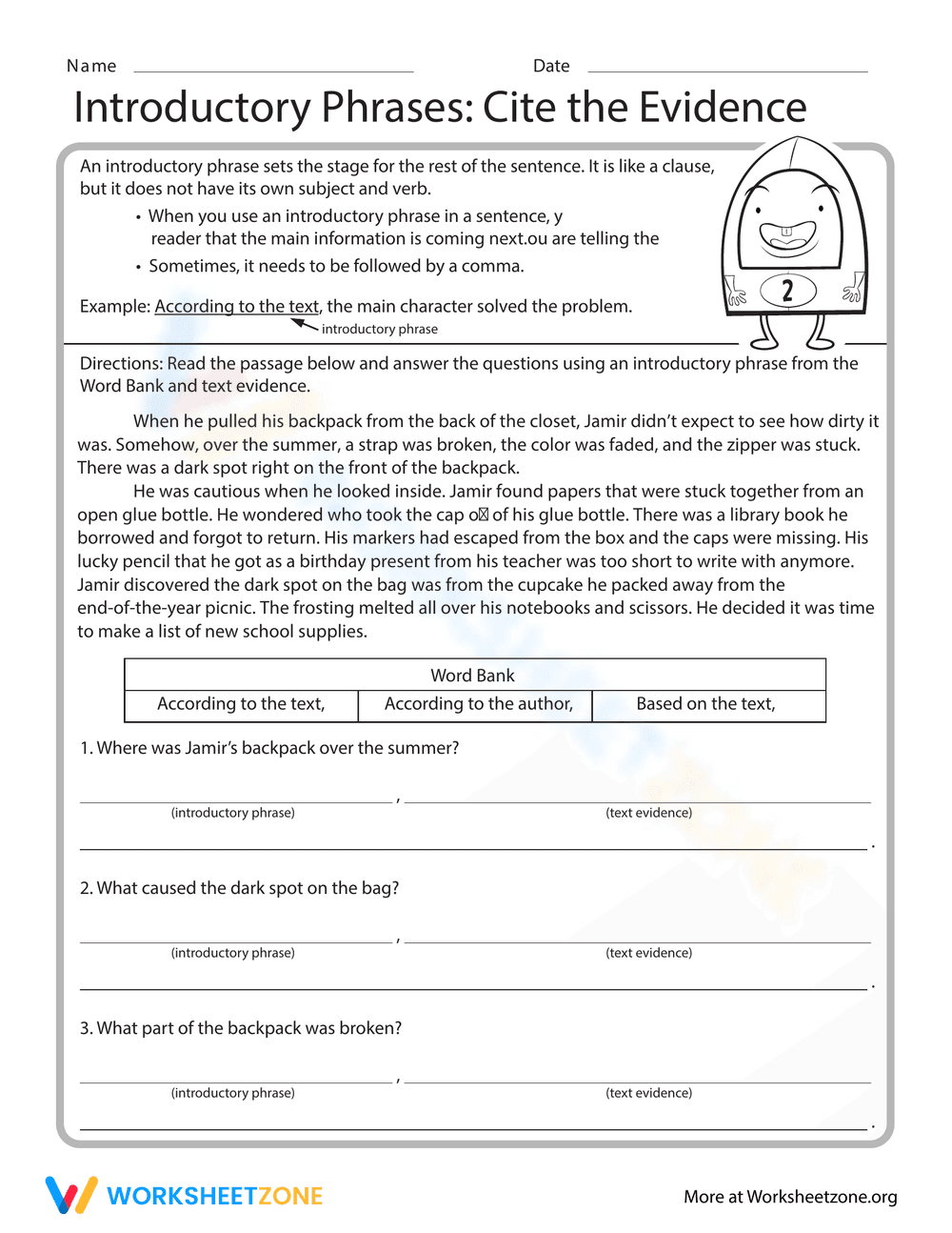 Cite Evidence: Introductory Phrases Worksheet - Page 1