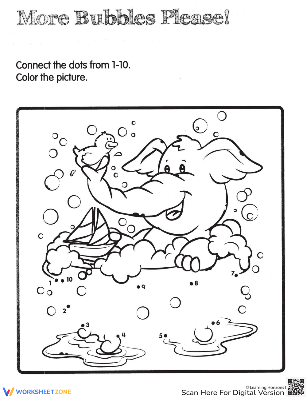 Connect Dots Bubble Bath Fun Worksheet - Page 1