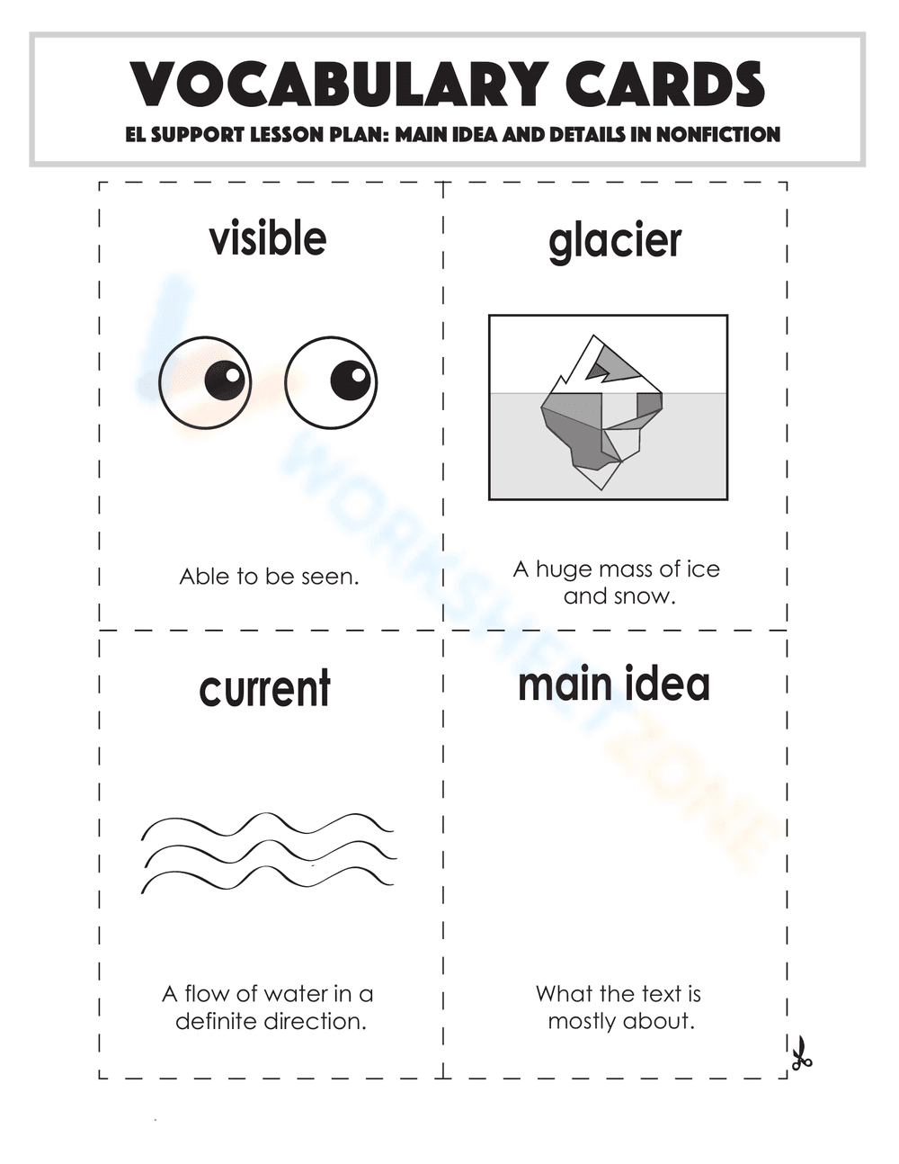 Main Idea Vocabulary Cards Worksheet - Page 1