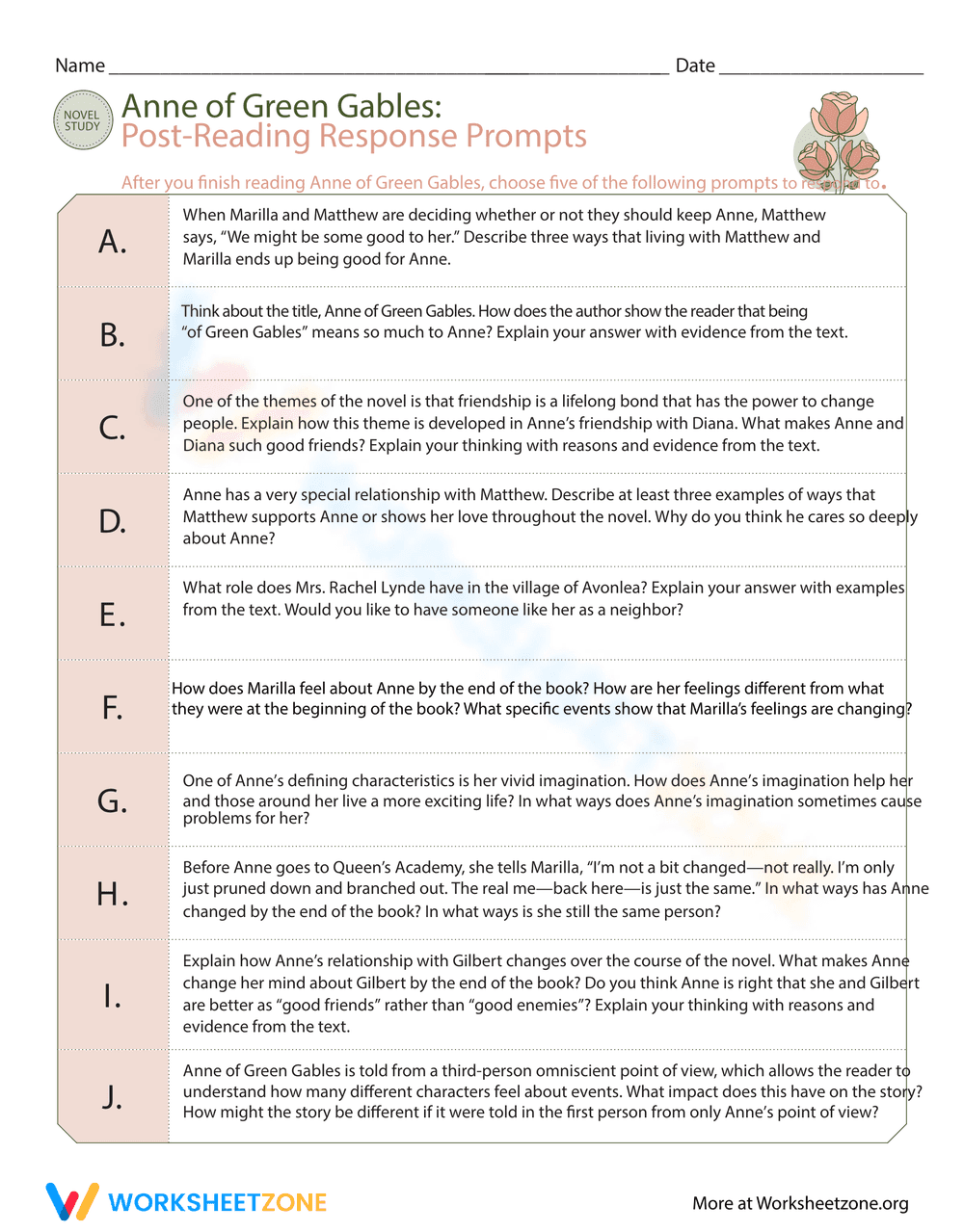 Anne of Green Gables Response Prompts - Page 1