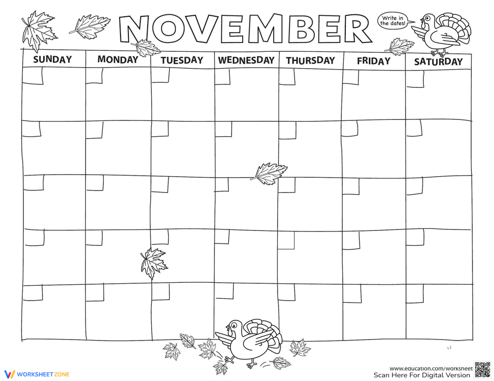 Create Calendar for November Worksheet - Page 1