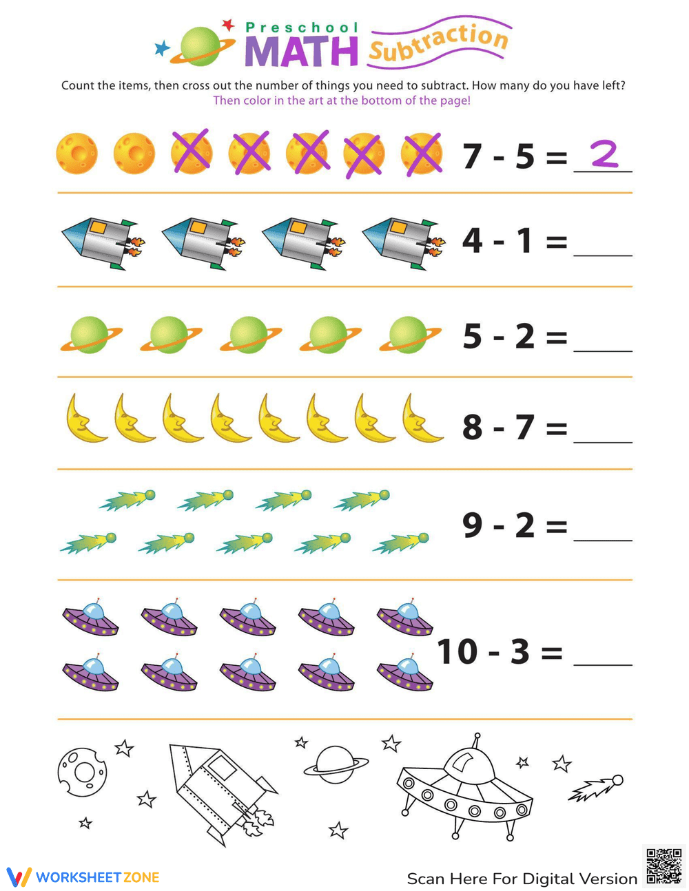 Subtraction Space Worksheet - Page 1