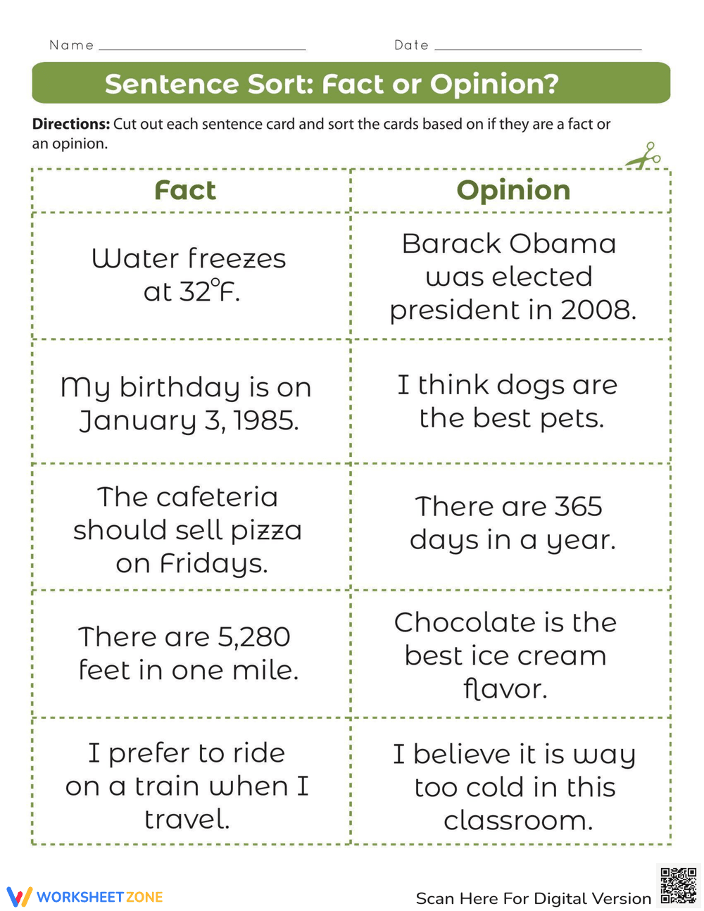 Fact or Opinion Worksheet - Page 1