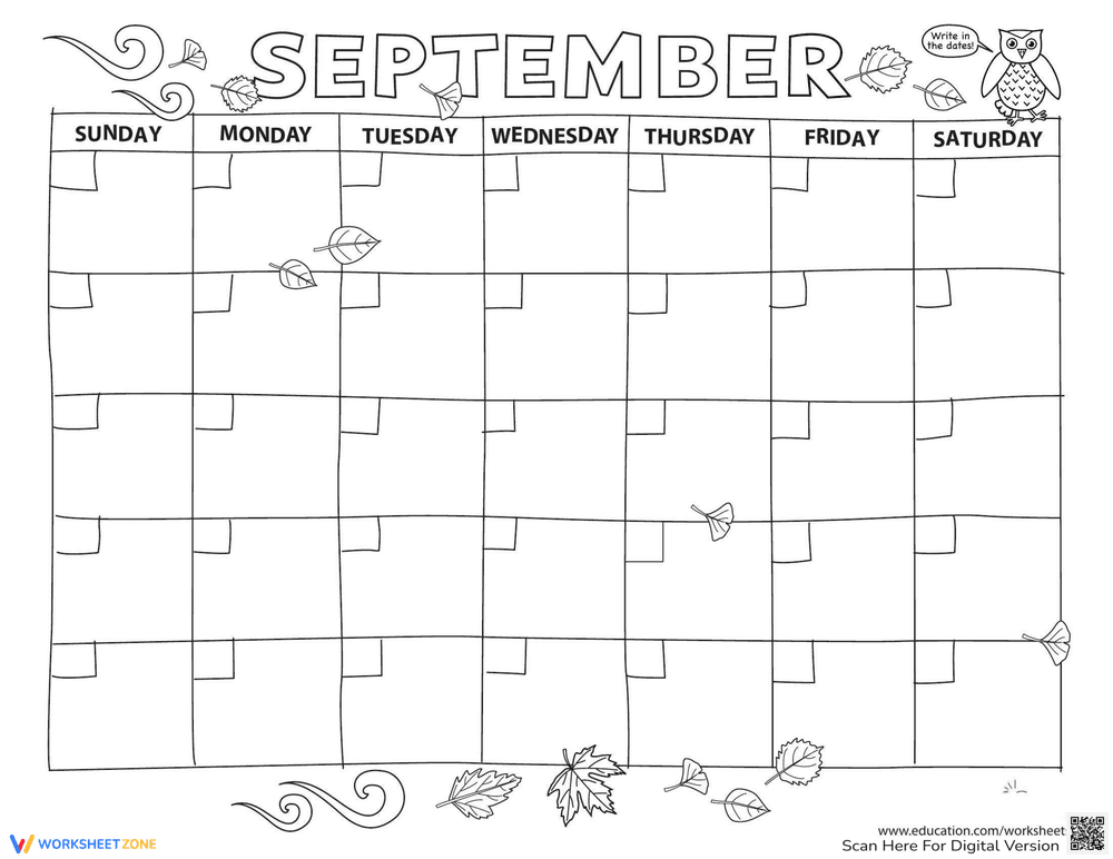 Create a Calendar September Worksheet - Page 1