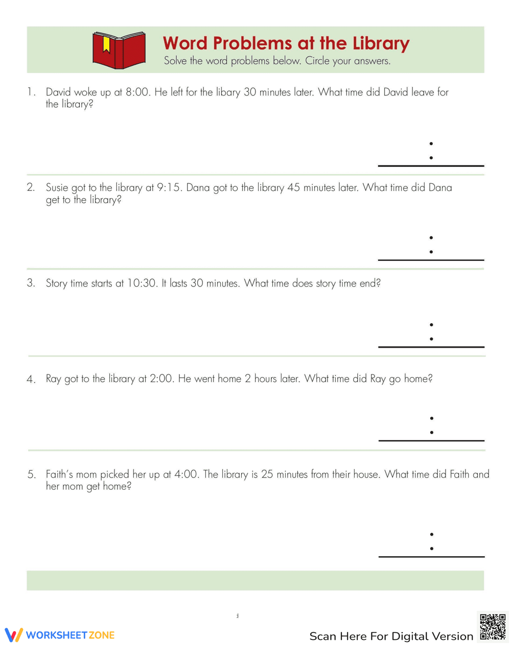 Telling Time Word Problems Worksheet - Page 1