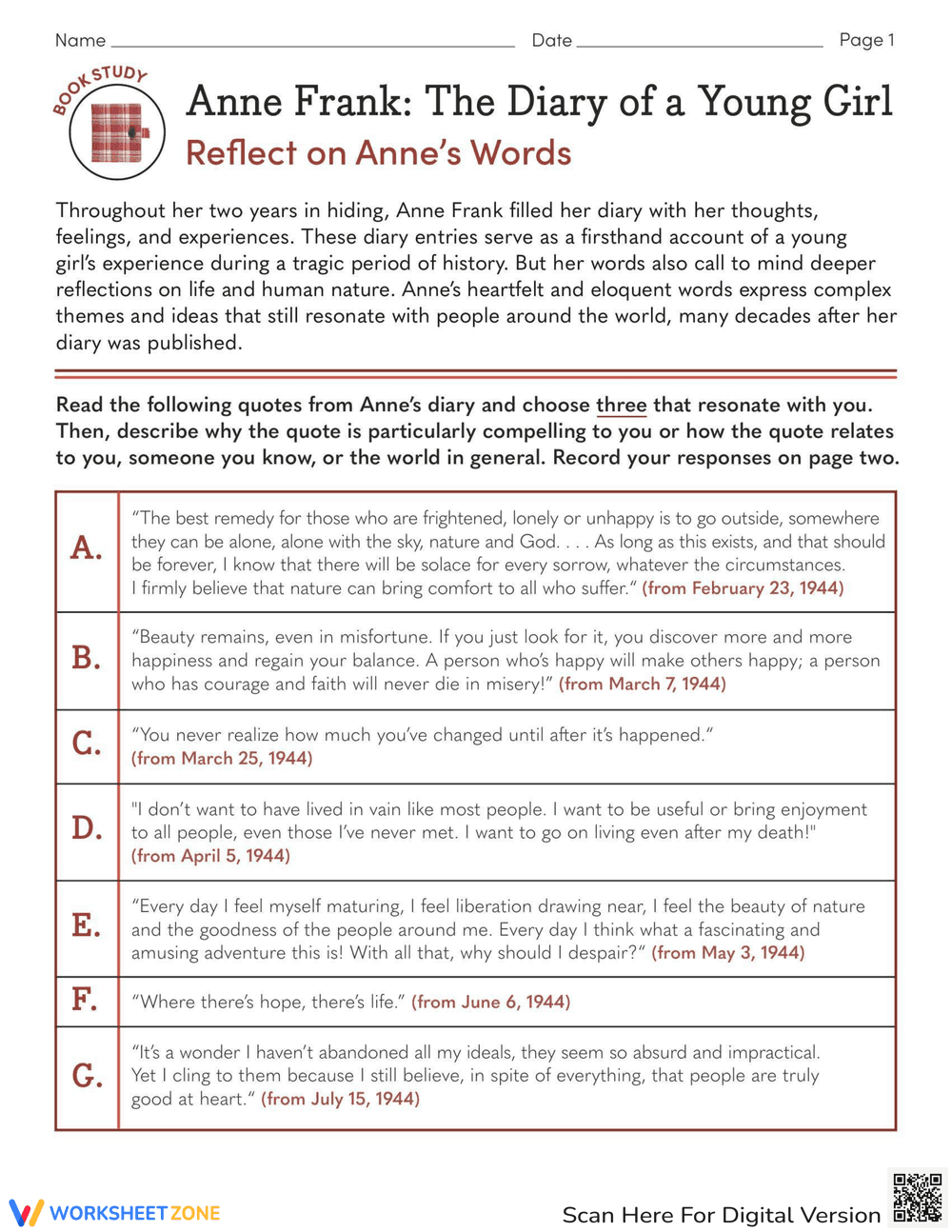 Book Study: Anne Frank Reflection - Page 1