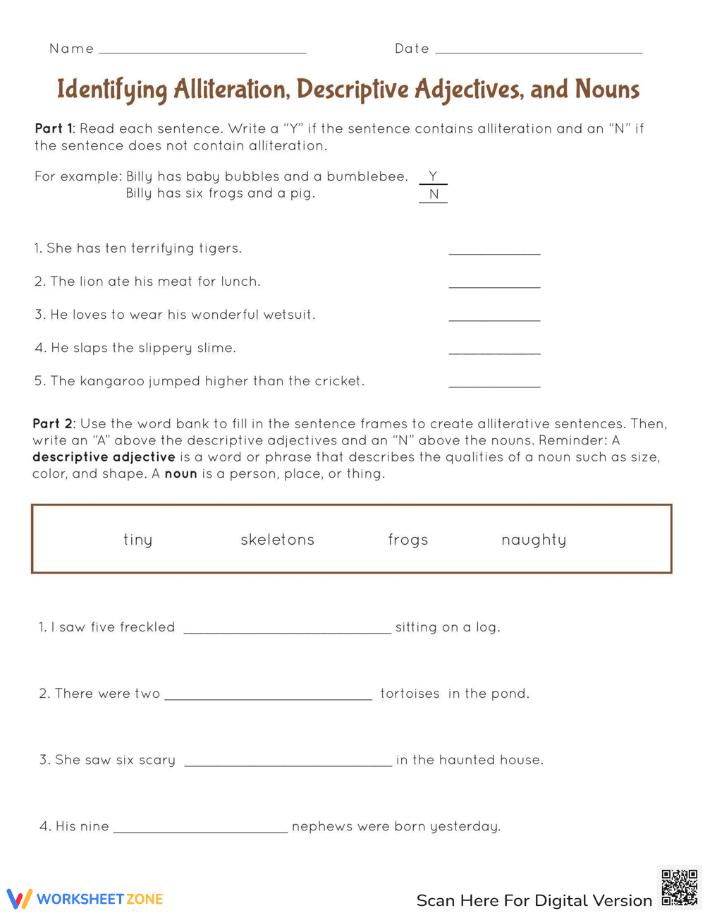 Identify Alliteration: Descriptive Adjectives & Nouns - Page 1