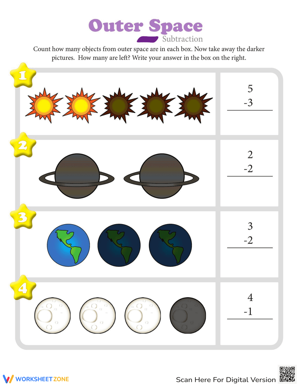 Subtraction Action Skill Worksheet - Page 1