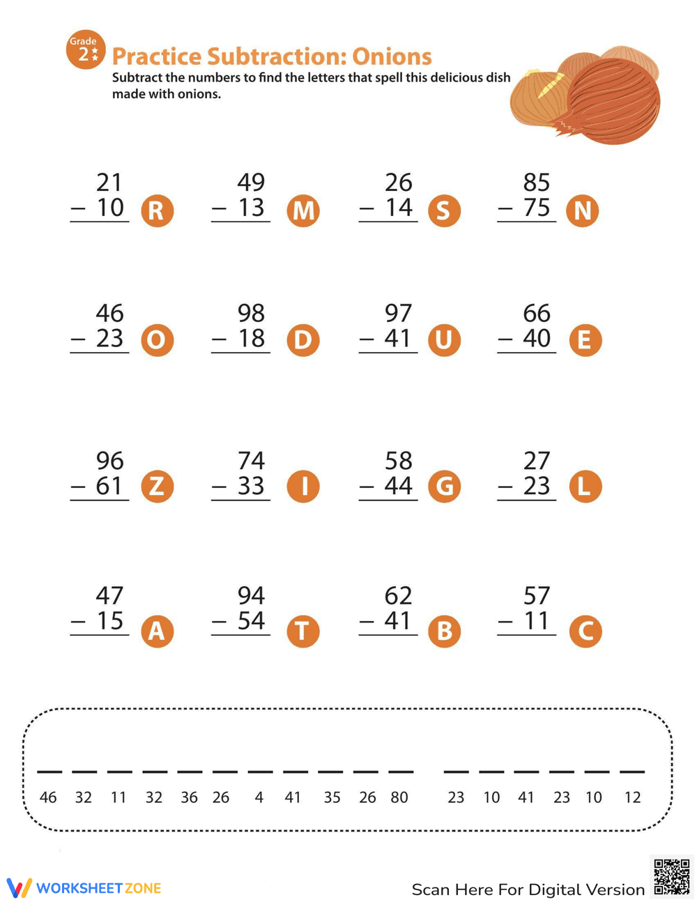 Veggie Two-Digit Subtraction Worksheet - Page 1