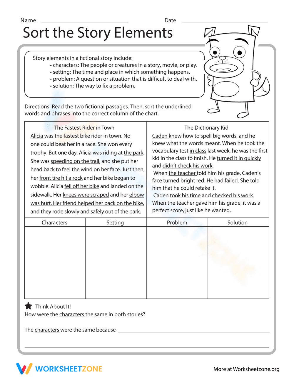 Sort the Story Elements Worksheet - Page 1