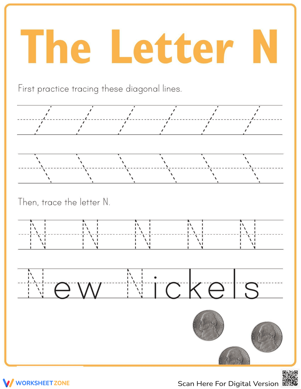 Learn to Write Letter N with Nickels - Page 1
