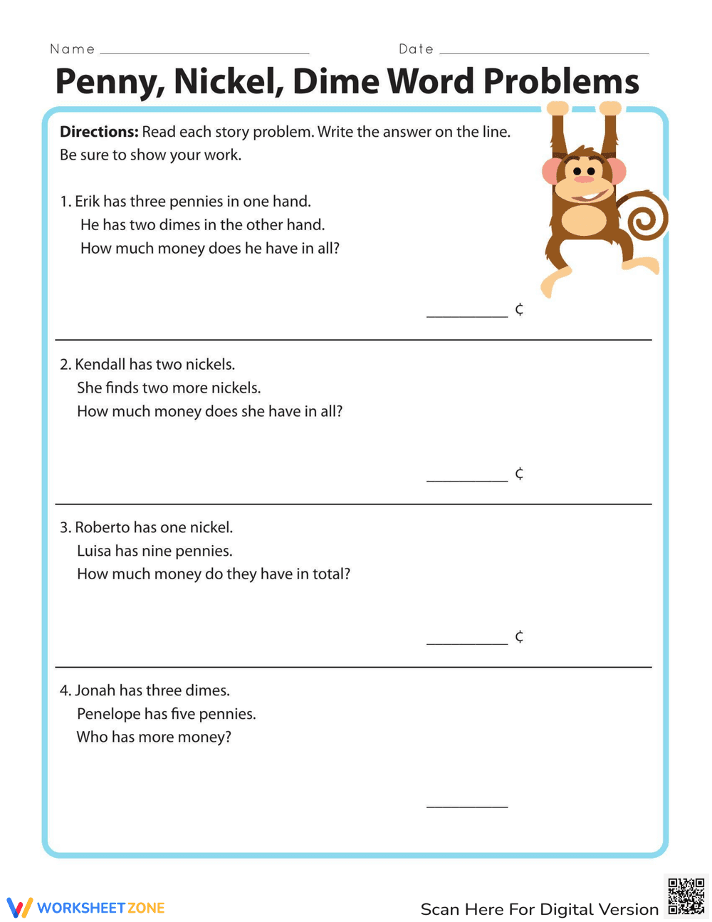 Money Monkey: Engaging Math Word Problems Worksheet - Page 1