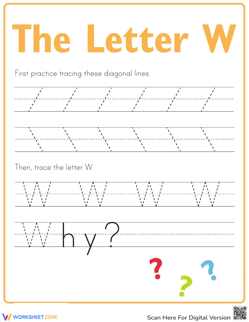 Letter W Tracing Worksheet - Step by Step Learning - Page 1
