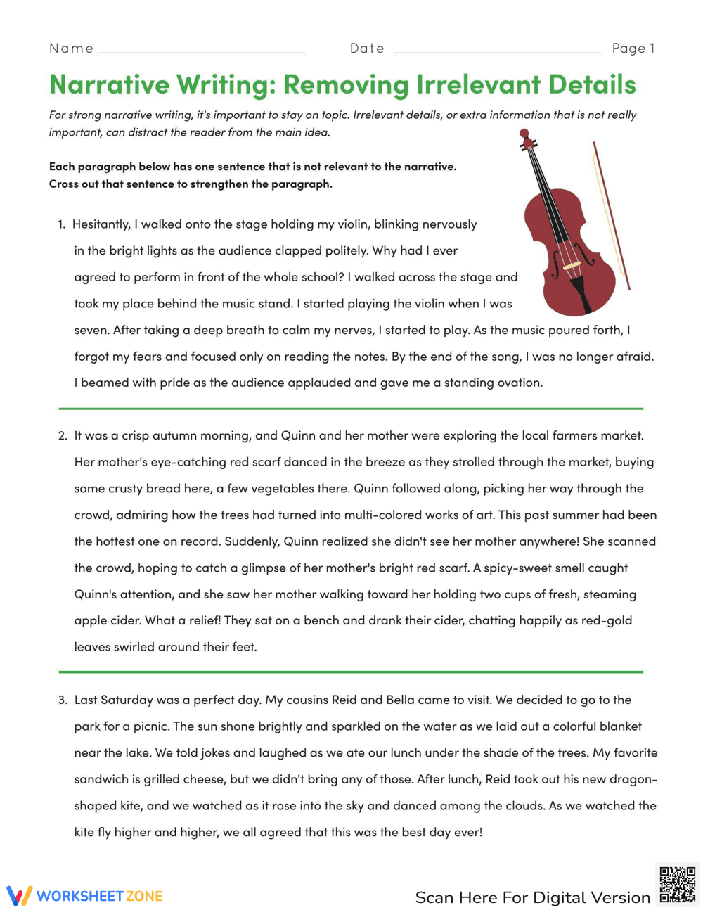 Improve Narrative Writing: Removing Details Worksheet - Page 1
